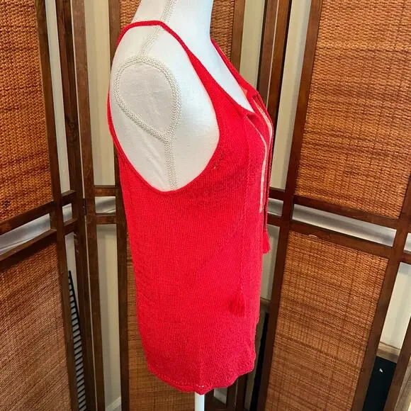 Lucky Brand Red Knit Crochet Racerback Tank Boho Tassel Aztec Print Size M - Picture 3 of 7